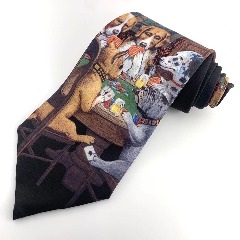 Vintage Ralph Marlin Mens Tie Black Dogs‎ Playing Poker Scene Poly Necktie USA